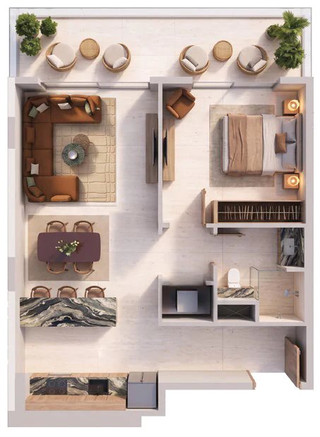 Indicative Binghatti Spectre one-bedroom floor plan