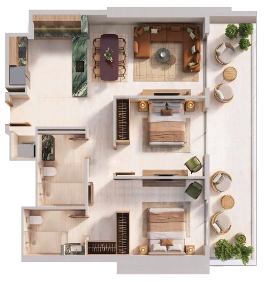 Indicative Binghatti Spectre two-bedroom floor plan