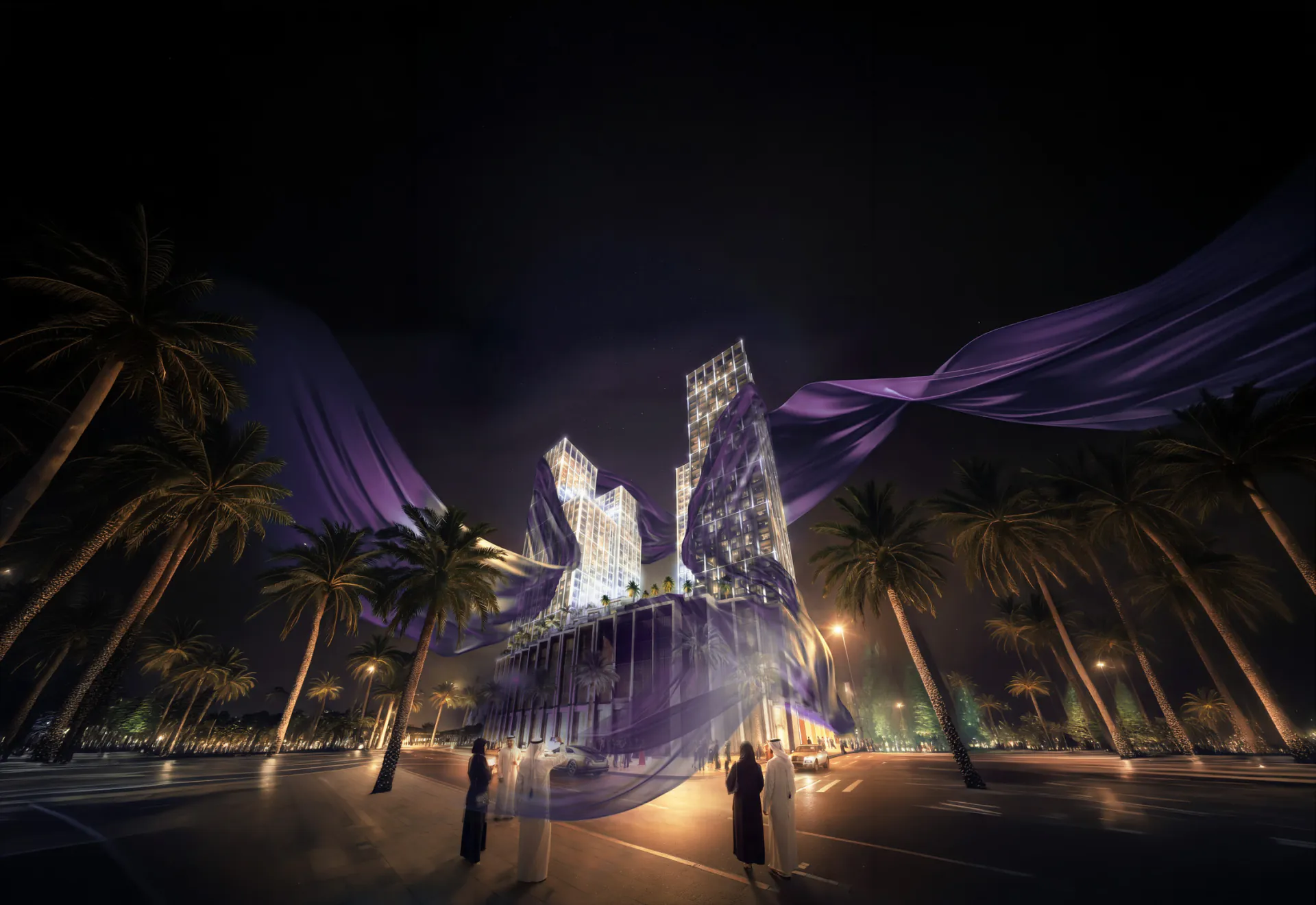 Night exterior rendering of Binghatti Spectre in Al Jaddaf