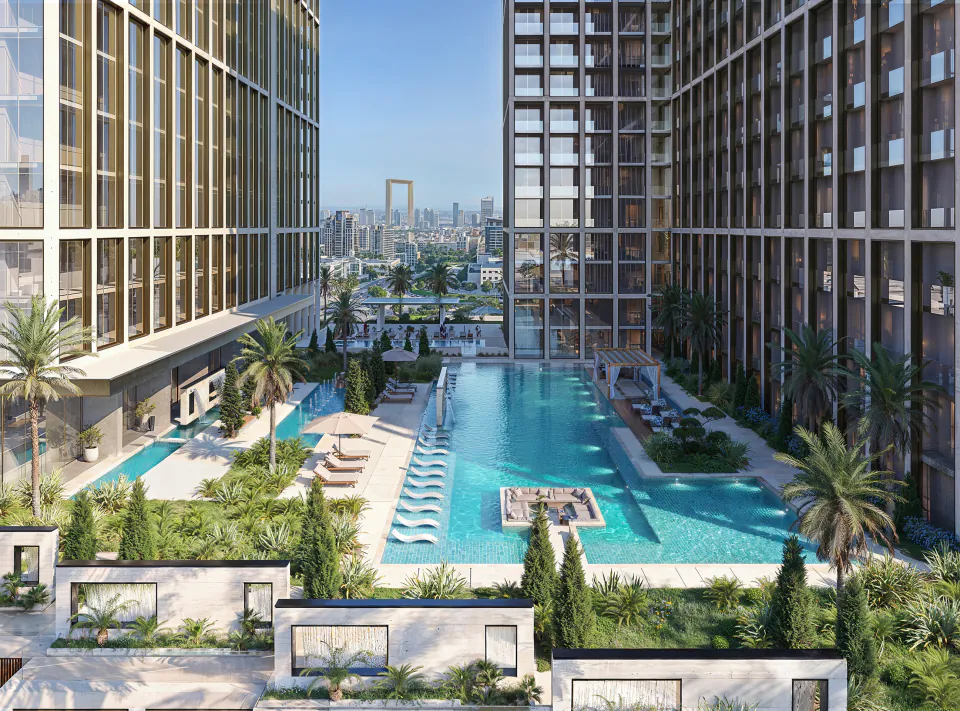 Pool courtyard and landscaping in the Binghatti Spectre rendering