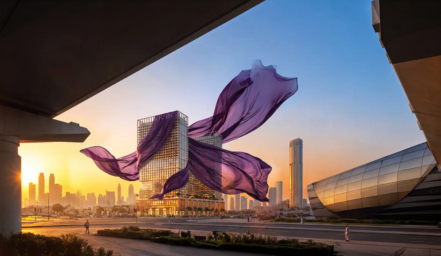 Sunset rendering of the mixed-use tower in Al Jaddaf
